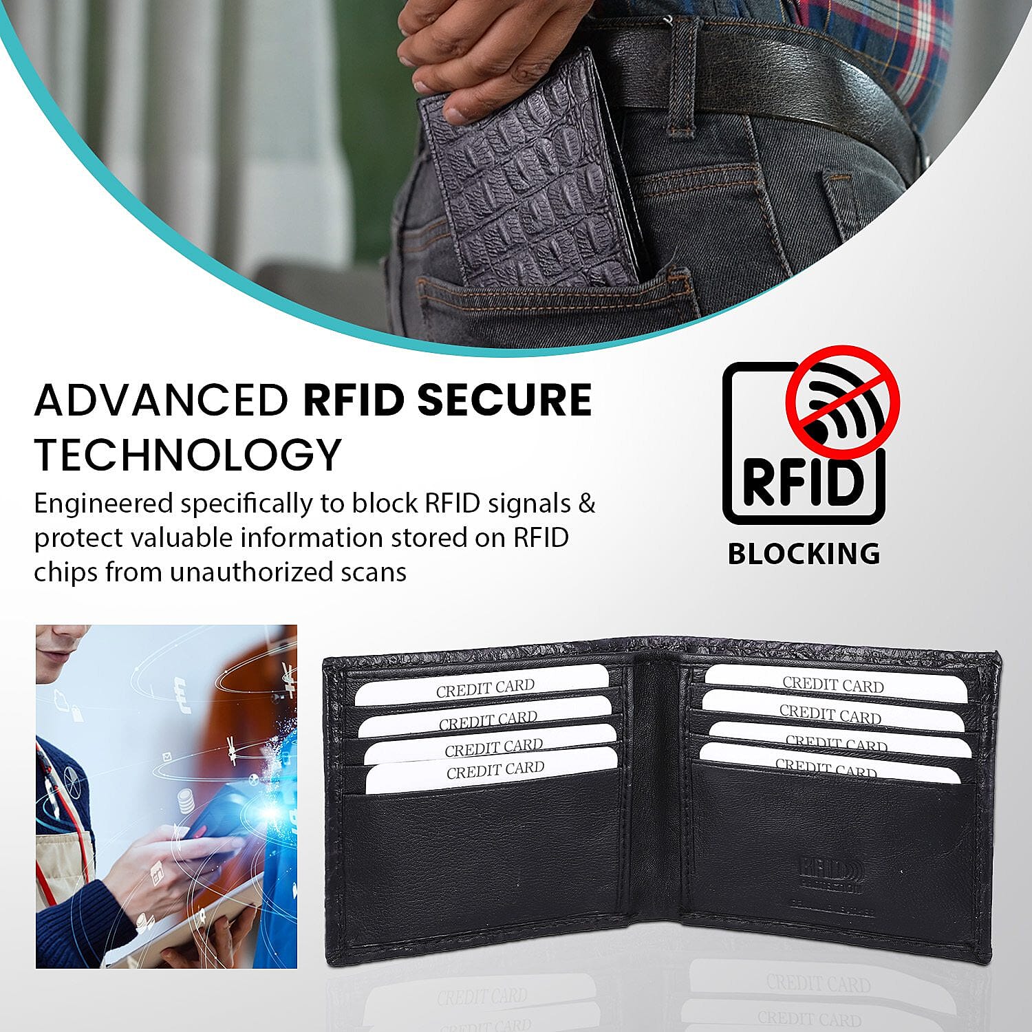 3 Piece Set - Croc Embossed Leather Wallet with RFID Protection, Ball Pen and Blanc Two Perfume (20 ml) - Brown