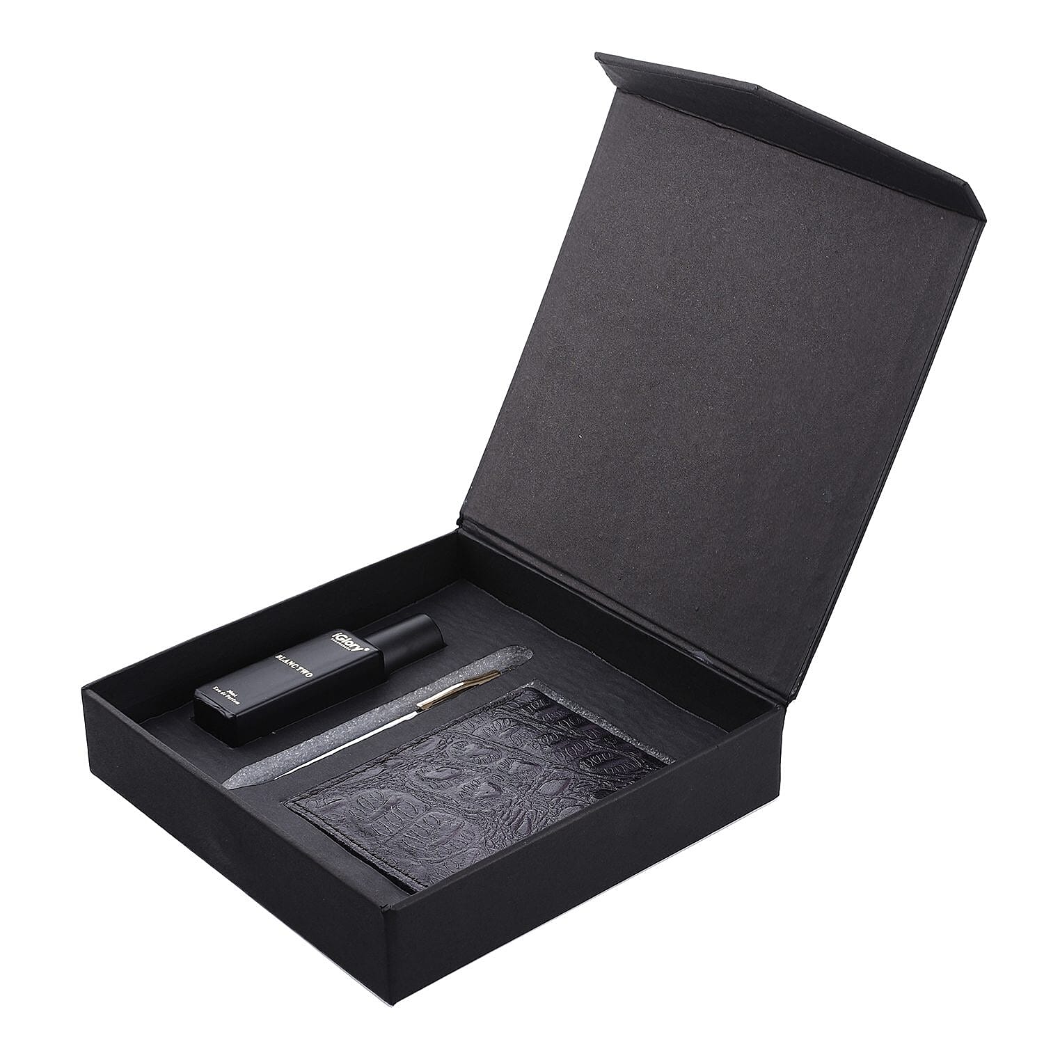 3 Piece Set - Croc Embossed Leather Wallet with RFID Protection, Ball Pen and Blanc Two Perfume (20 ml) - Brown