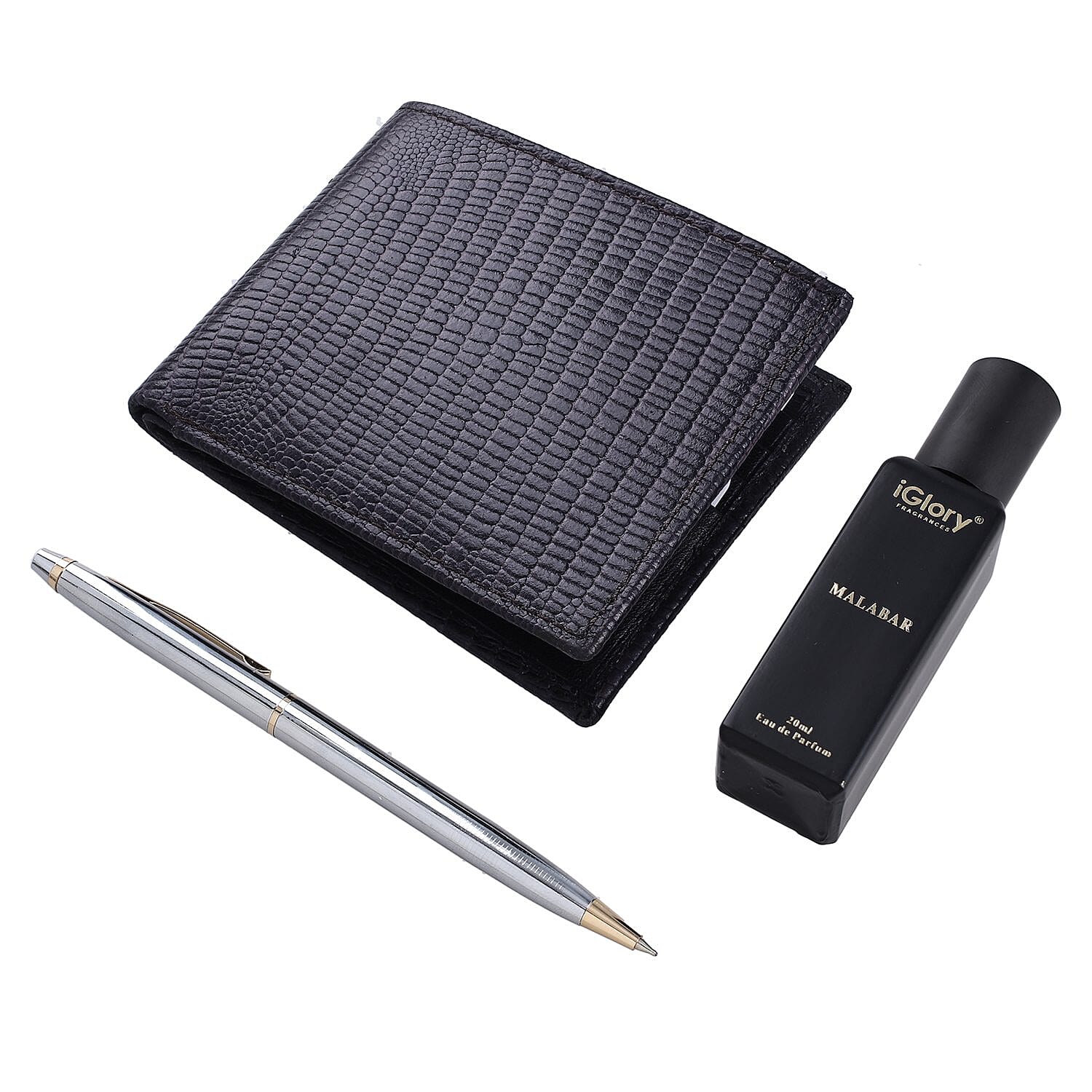 3 Piece Set - Snake Embossed Leather Wallet with RFID Protection, Ball Pen and Malabar Perfume (20 ml) - Brown