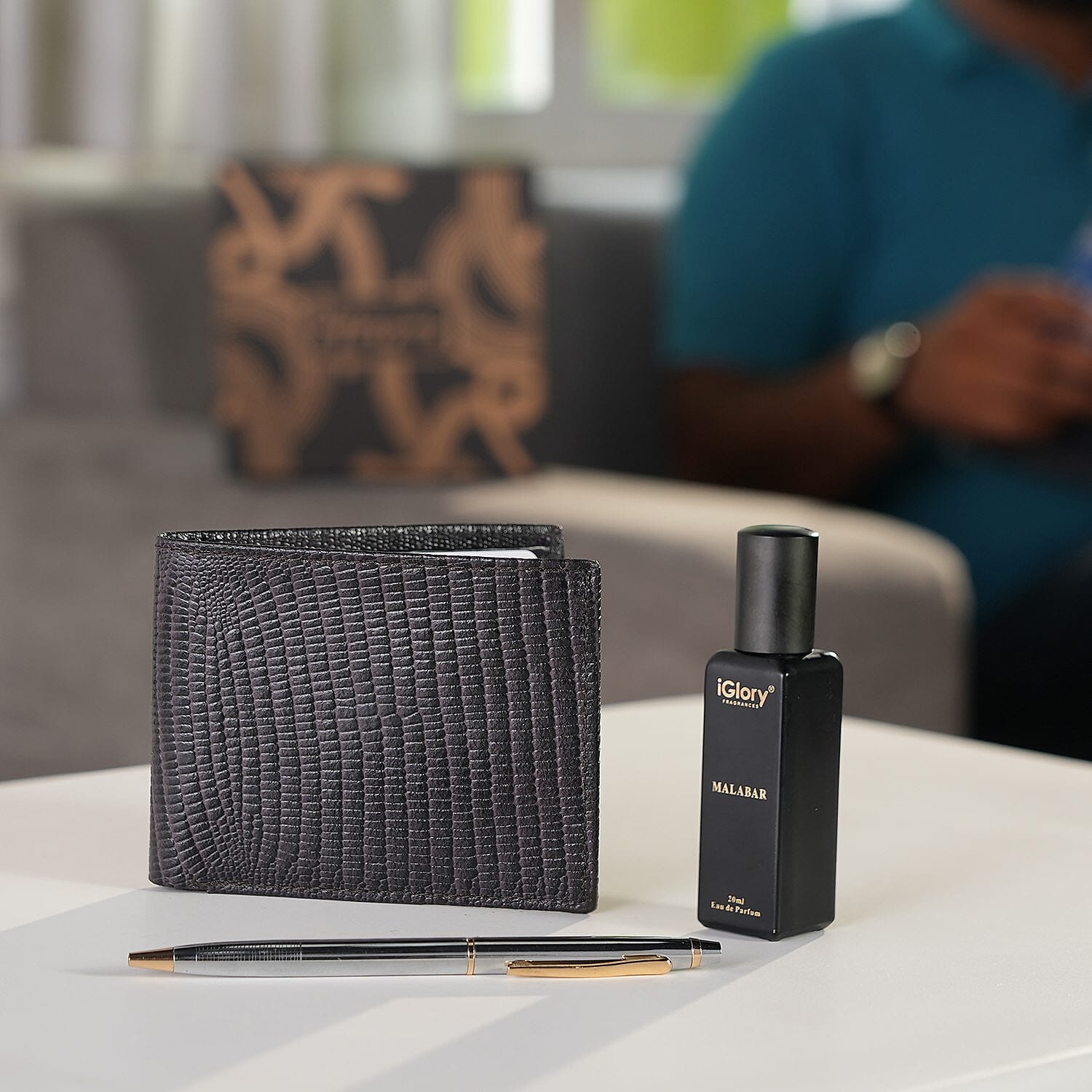 3 Piece Set - Snake Embossed Leather Wallet with RFID Protection, Ball Pen and Malabar Perfume (20 ml) - Brown