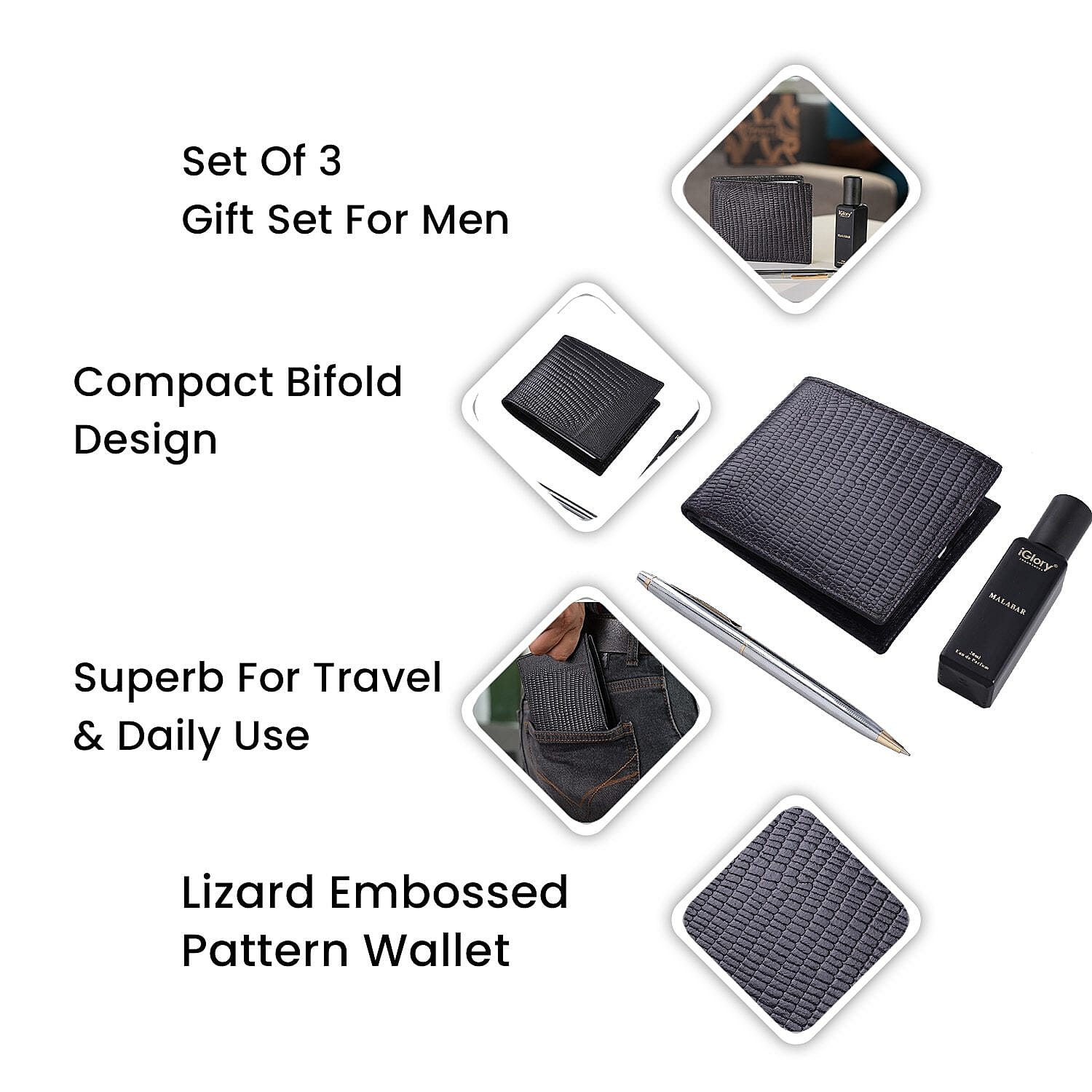 3 Piece Set - Snake Embossed Leather Wallet with RFID Protection, Ball Pen and Malabar Perfume (20 ml) - Brown