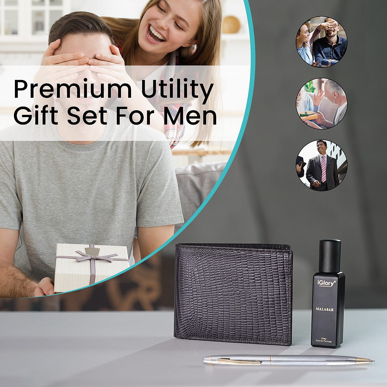 3 Piece Set - Snake Embossed Leather Wallet with RFID Protection, Ball Pen and Malabar Perfume (20 ml) - Brown