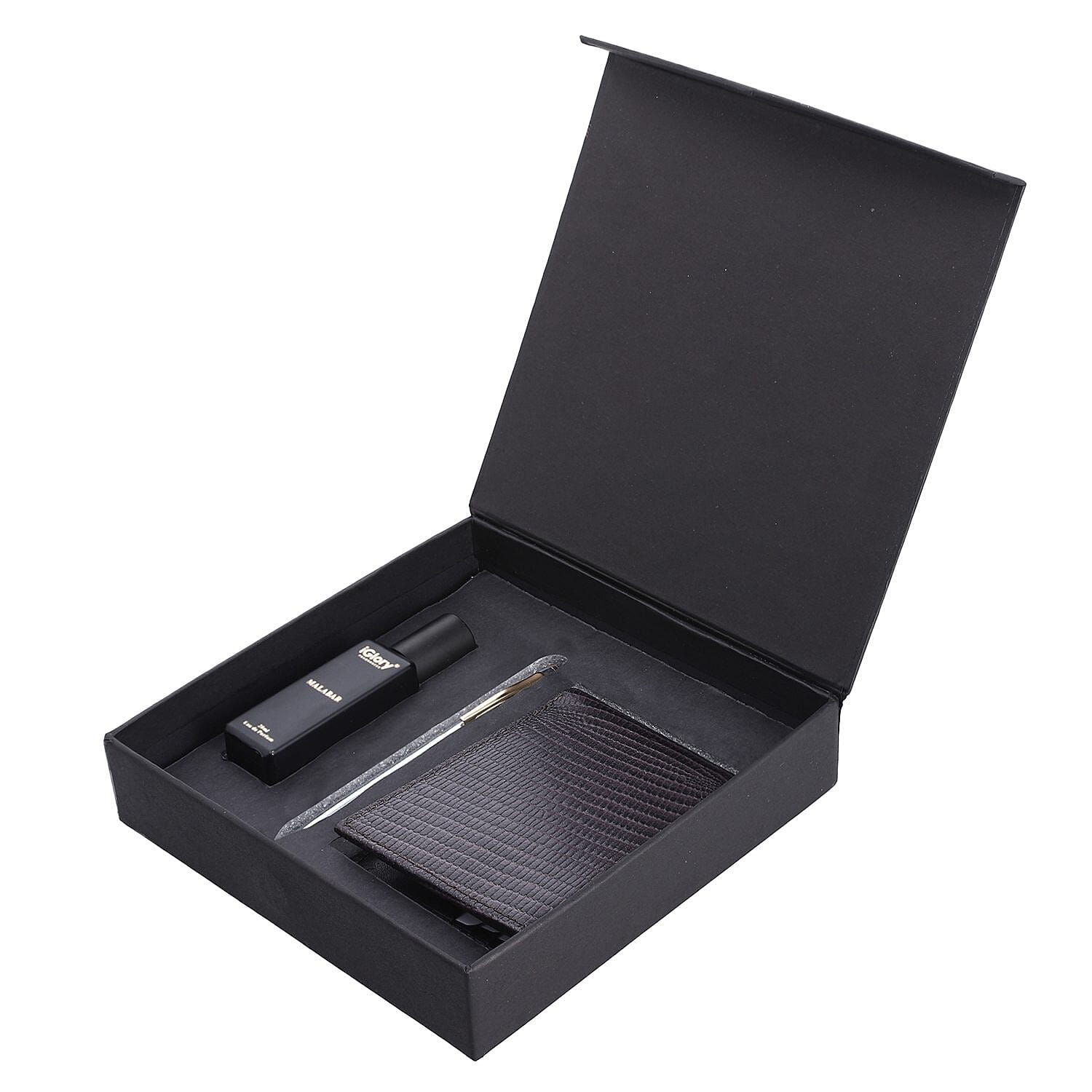 3 Piece Set - Snake Embossed Leather Wallet with RFID Protection, Ball Pen and Malabar Perfume (20 ml) - Brown