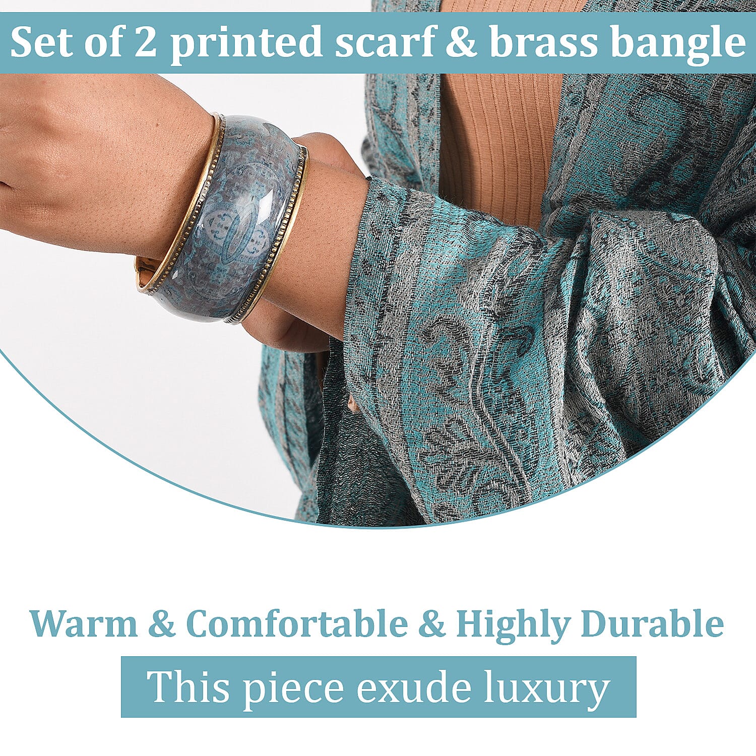 Doorbuster Premium Collection - Natural Mulberry Silk and Merino Wool Hand Woven Jamawar Shawl with Matching Cuff Bangle (Size 200x70 cm) - Blue