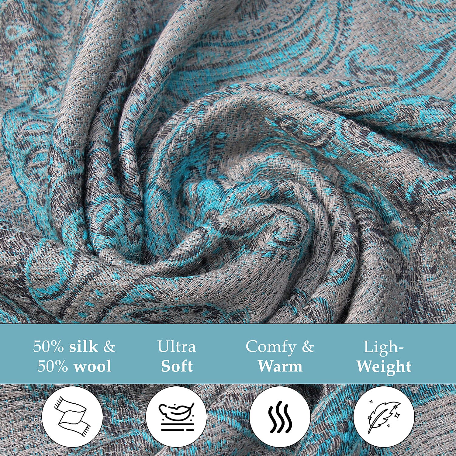 Doorbuster Premium Collection - Natural Mulberry Silk and Merino Wool Hand Woven Jamawar Shawl with Matching Cuff Bangle (Size 200x70 cm) - Blue