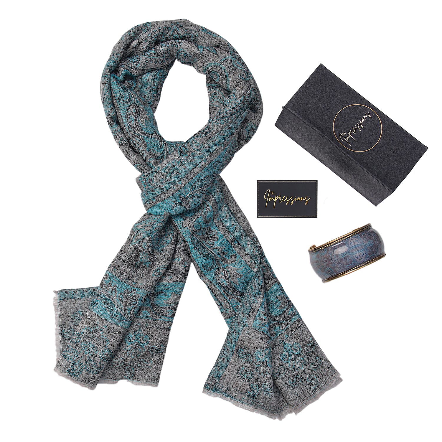 Doorbuster Premium Collection - Natural Mulberry Silk and Merino Wool Hand Woven Jamawar Shawl with Matching Cuff Bangle (Size 200x70 cm) - Blue