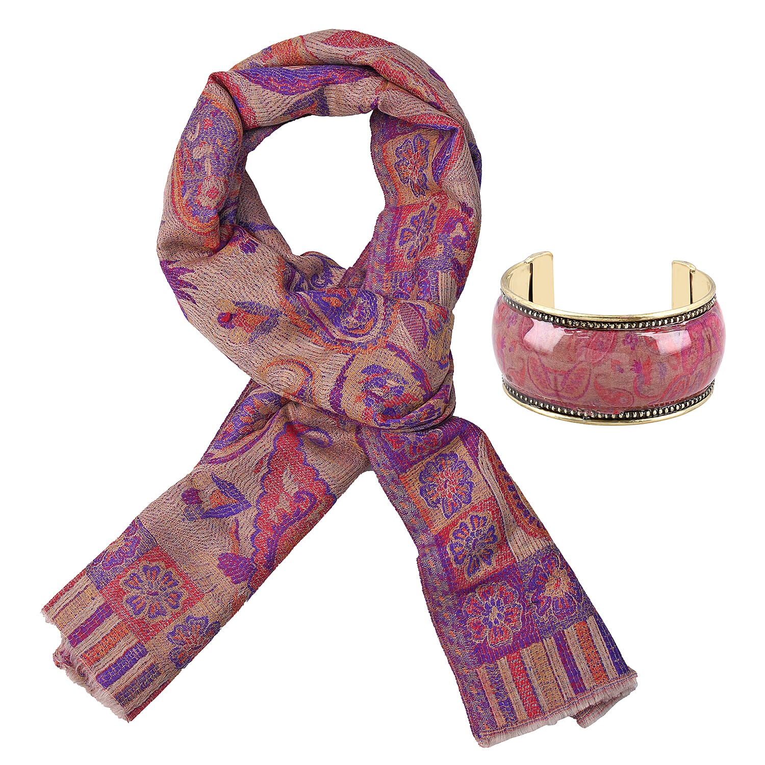 Doorbuster Premium Collection - Natural Mulberry Silk and Merino Wool Hand Woven Jamawar Shawl with Matching Cuff Bangle (Size 200x70 Cm) - Orange - Purple