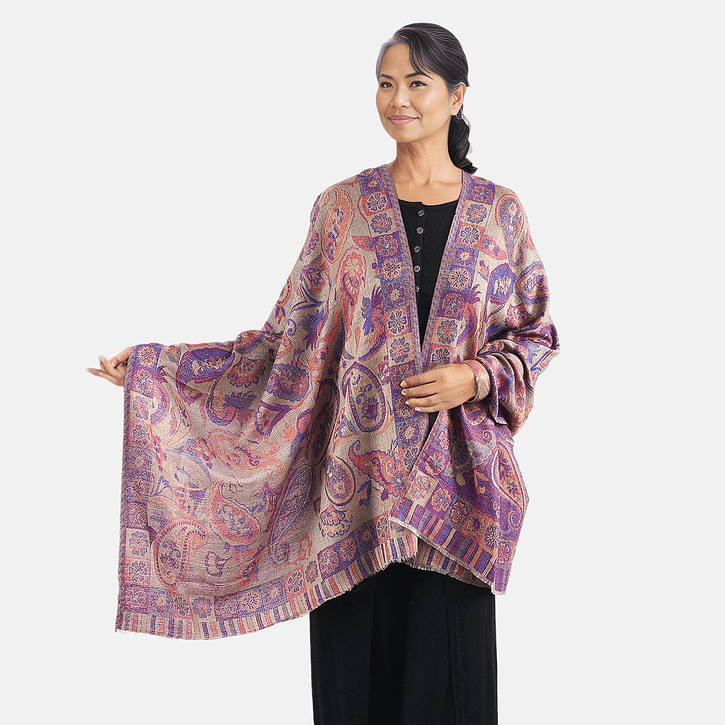 Doorbuster Premium Collection - Natural Mulberry Silk and Merino Wool Hand Woven Jamawar Shawl with Matching Cuff Bangle (Size 200x70 Cm) - Orange - Purple