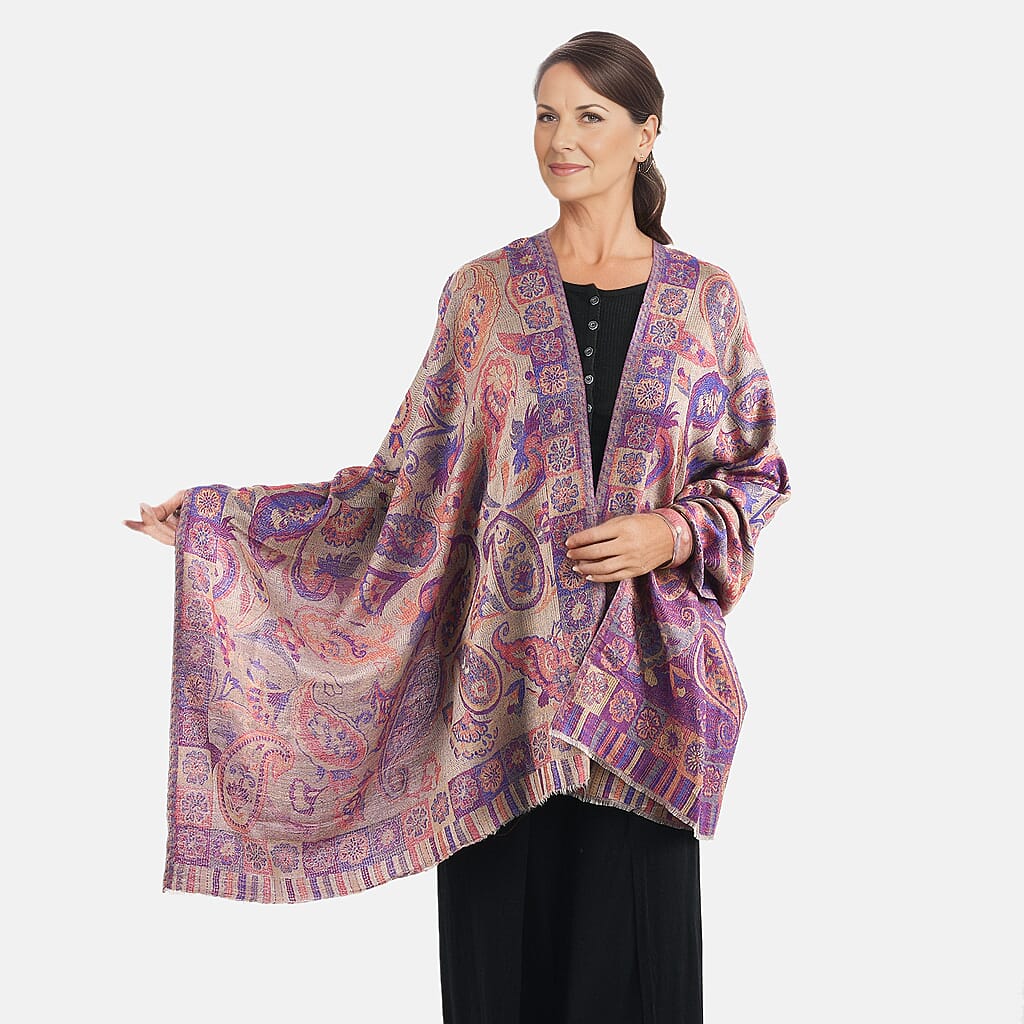 Doorbuster Premium Collection - Natural Mulberry Silk and Merino Wool Hand Woven Jamawar Shawl with Matching Cuff Bangle (Size 200x70 Cm) - Orange - Purple