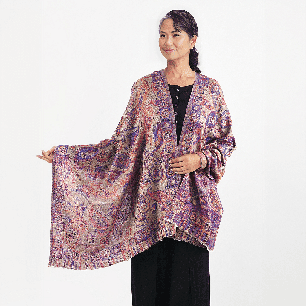 Doorbuster Premium Collection - Natural Mulberry Silk and Merino Wool Hand Woven Jamawar Shawl with Matching Cuff Bangle (Size 200x70 Cm) - Orange - Purple