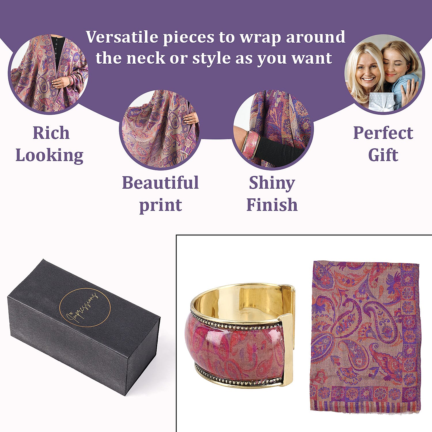 Doorbuster Premium Collection - Natural Mulberry Silk and Merino Wool Hand Woven Jamawar Shawl with Matching Cuff Bangle (Size 200x70 Cm) - Orange - Purple