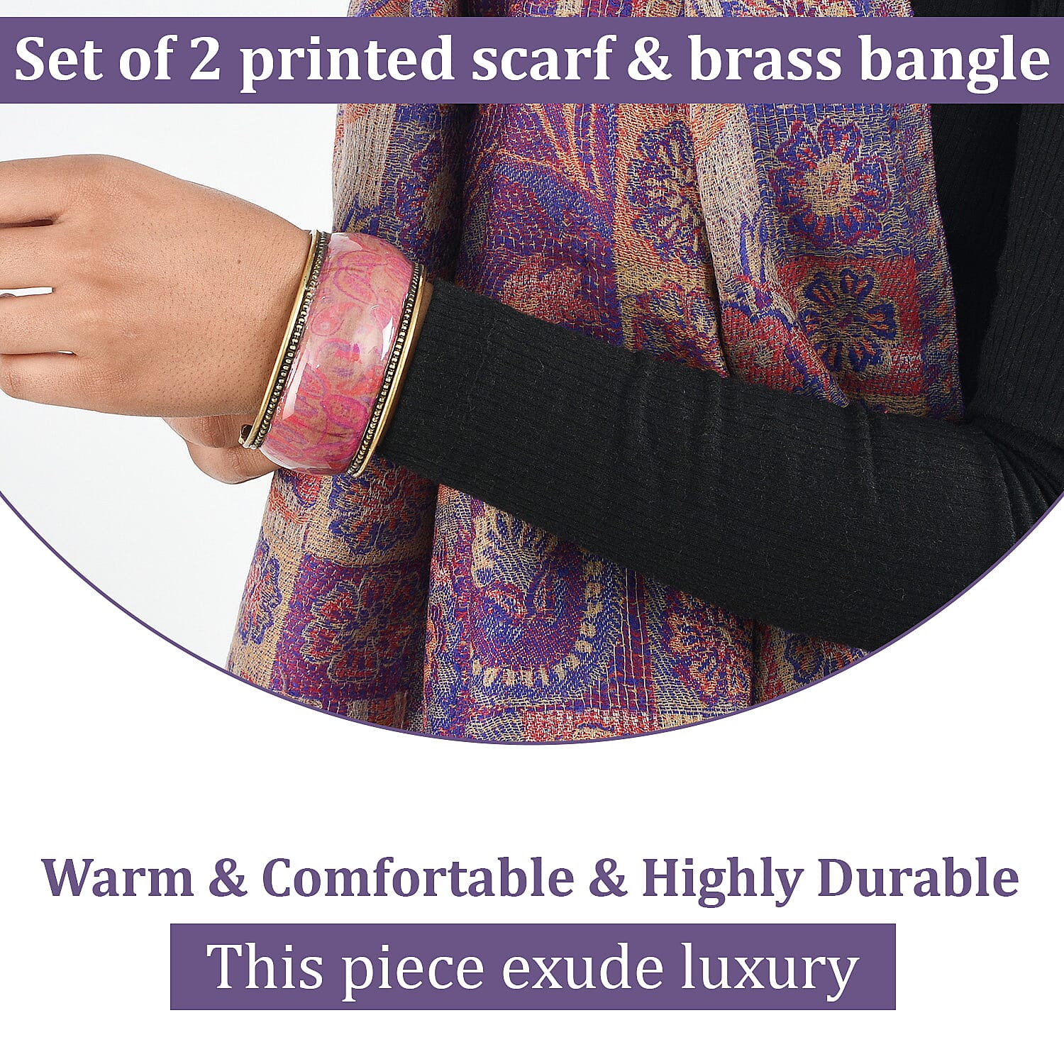 Doorbuster Premium Collection - Natural Mulberry Silk and Merino Wool Hand Woven Jamawar Shawl with Matching Cuff Bangle (Size 200x70 Cm) - Orange - Purple