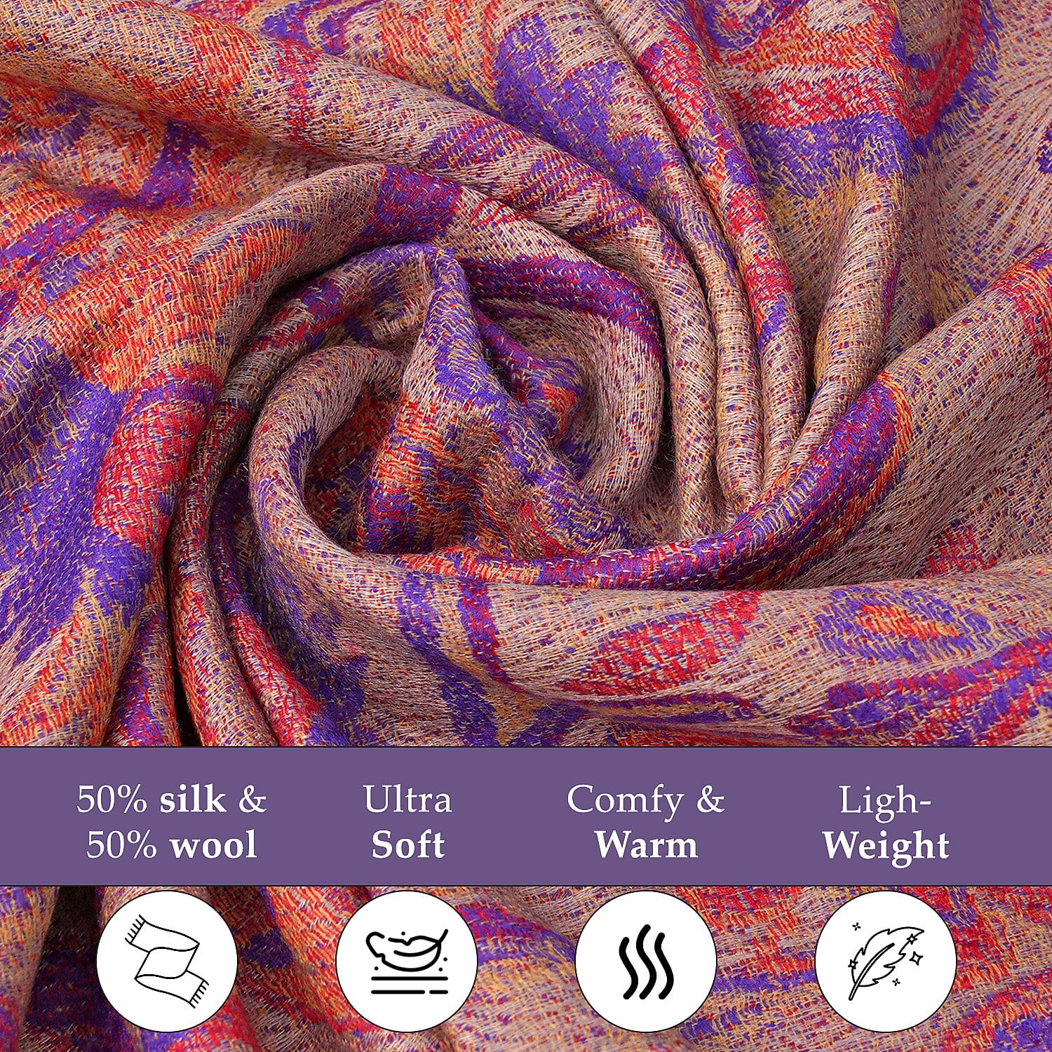 Doorbuster Premium Collection - Natural Mulberry Silk and Merino Wool Hand Woven Jamawar Shawl with Matching Cuff Bangle (Size 200x70 Cm) - Orange - Purple