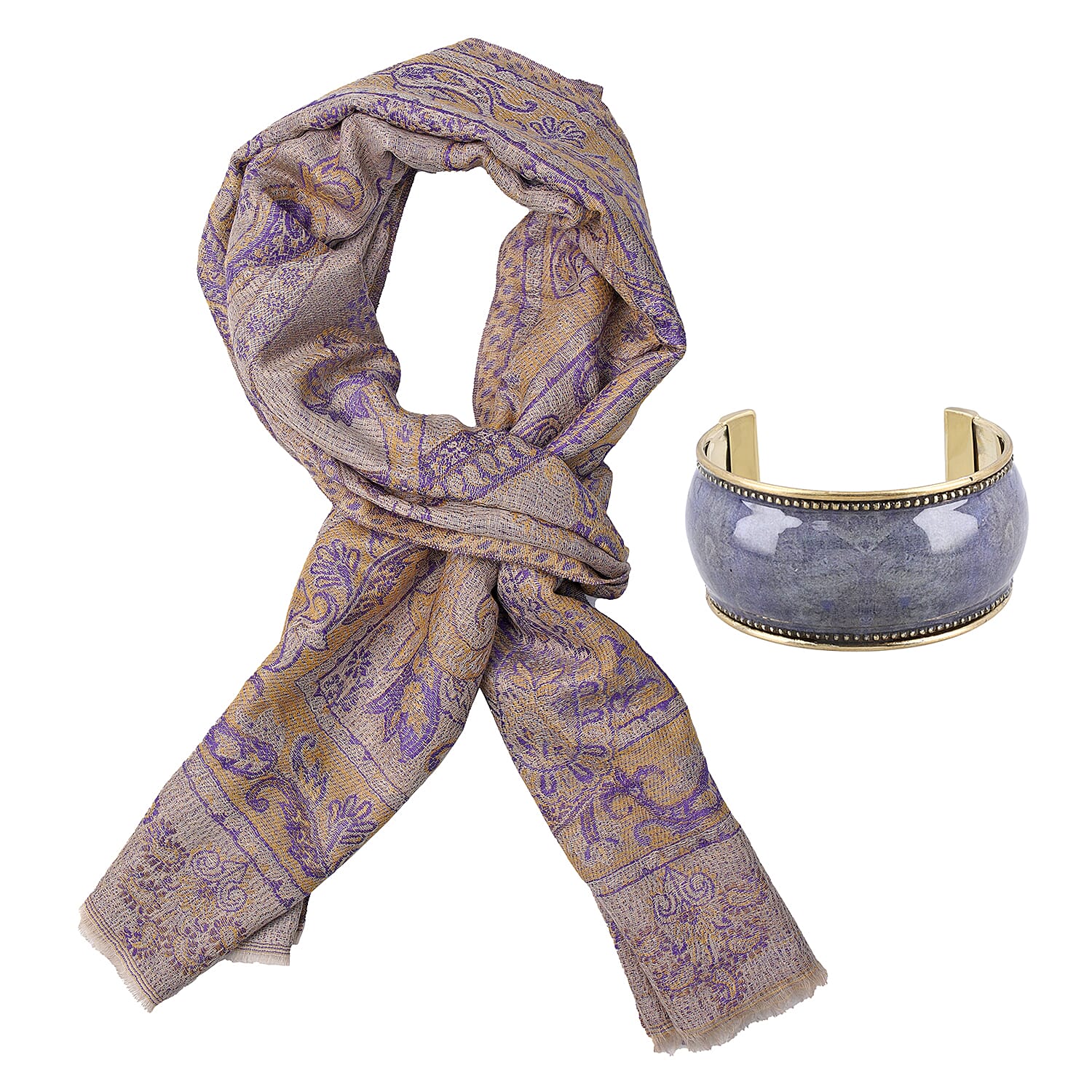 Doorbuster Premium Collection - Natural Mulberry Silk and Merino Wool Hand Woven Jamawar Shawl with Matching Cuff Bangle (Size 200x70 Cm) - Purple