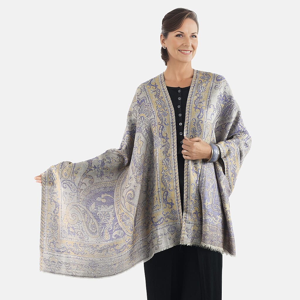 Doorbuster Premium Collection - Natural Mulberry Silk and Merino Wool Hand Woven Jamawar Shawl with Matching Cuff Bangle (Size 200x70 Cm) - Purple