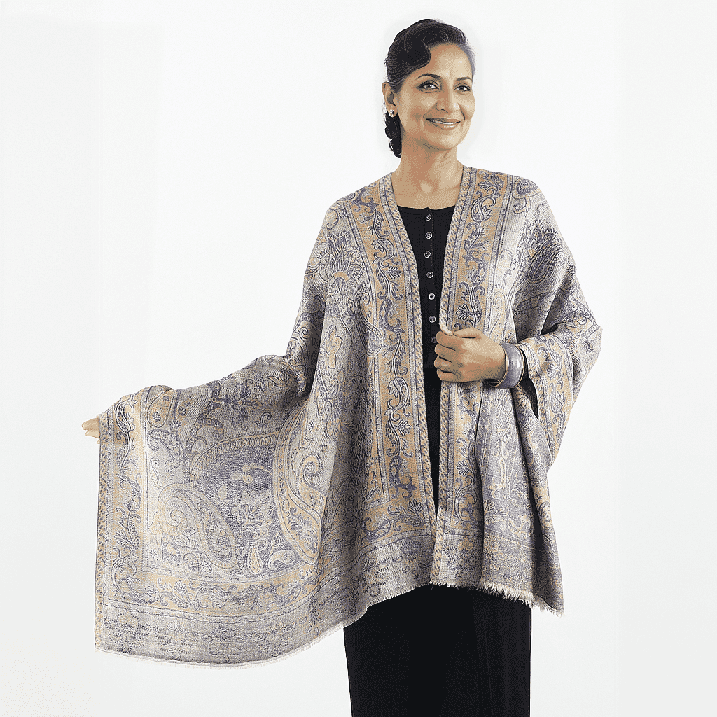 Doorbuster Premium Collection - Natural Mulberry Silk and Merino Wool Hand Woven Jamawar Shawl with Matching Cuff Bangle (Size 200x70 Cm) - Purple