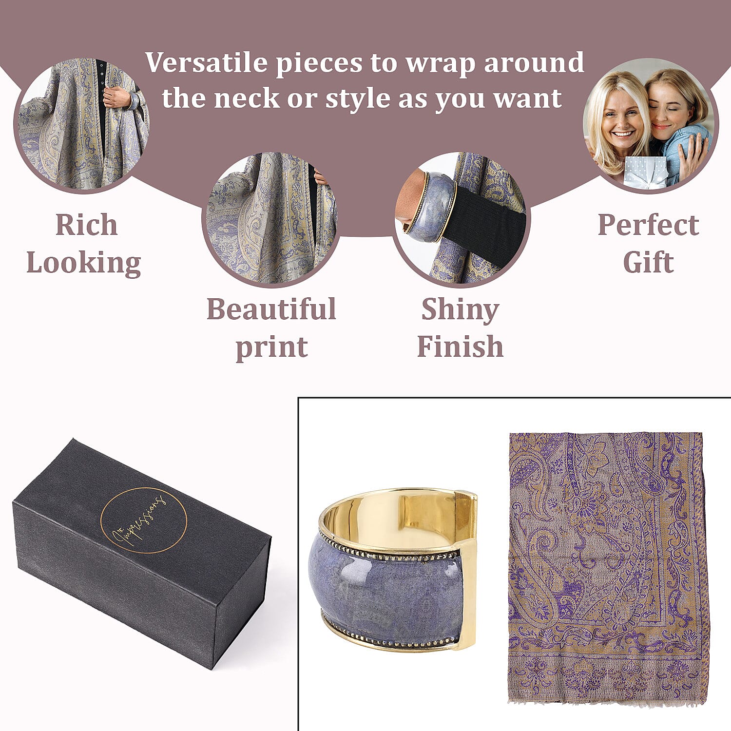 Doorbuster Premium Collection - Natural Mulberry Silk and Merino Wool Hand Woven Jamawar Shawl with Matching Cuff Bangle (Size 200x70 Cm) - Purple