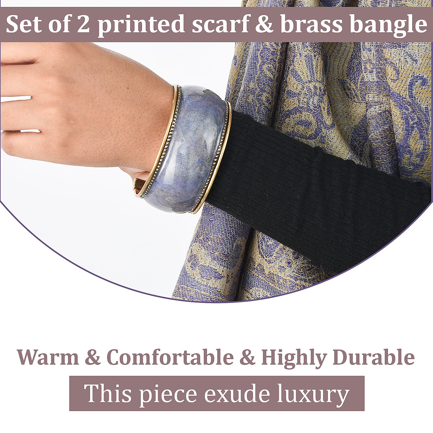 Doorbuster Premium Collection - Natural Mulberry Silk and Merino Wool Hand Woven Jamawar Shawl with Matching Cuff Bangle (Size 200x70 Cm) - Purple