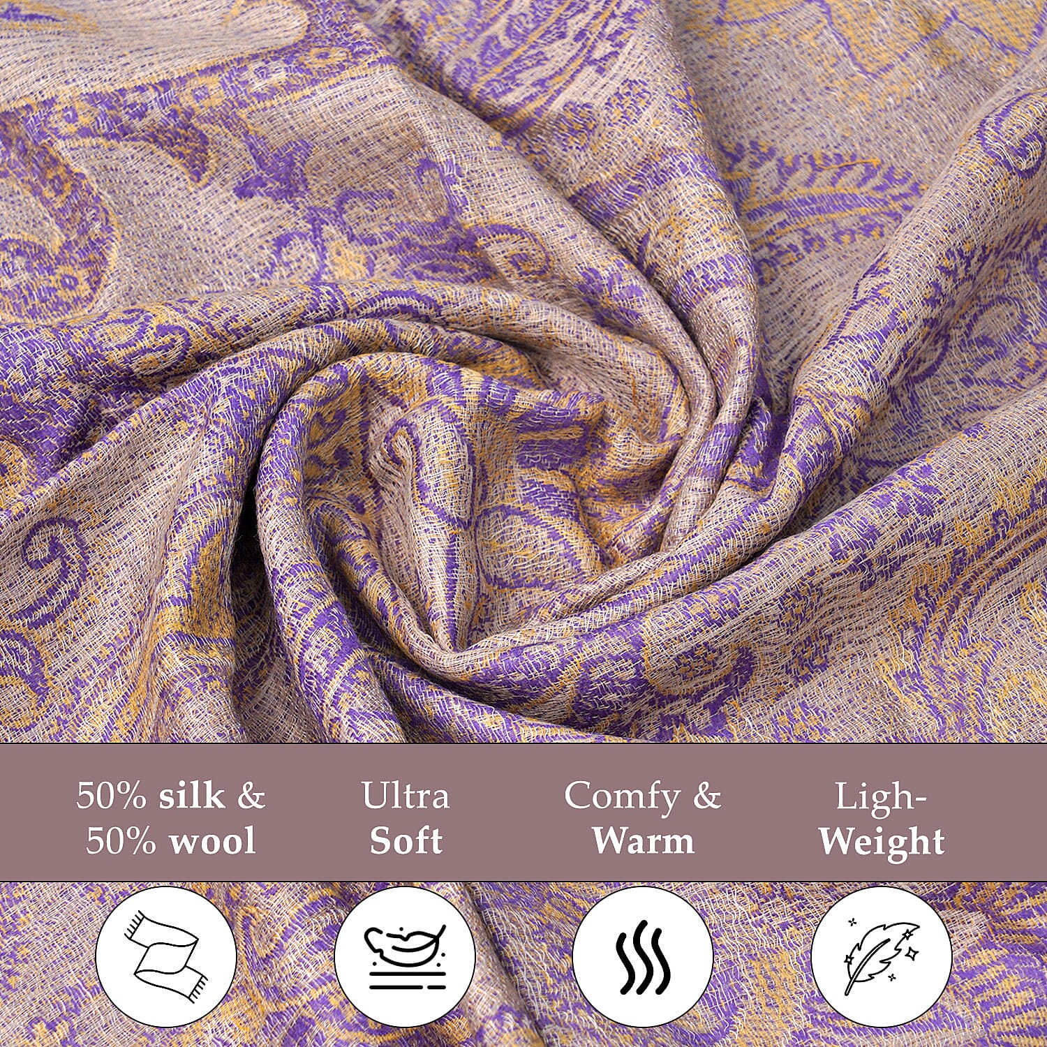 Doorbuster Premium Collection - Natural Mulberry Silk and Merino Wool Hand Woven Jamawar Shawl with Matching Cuff Bangle (Size 200x70 Cm) - Purple