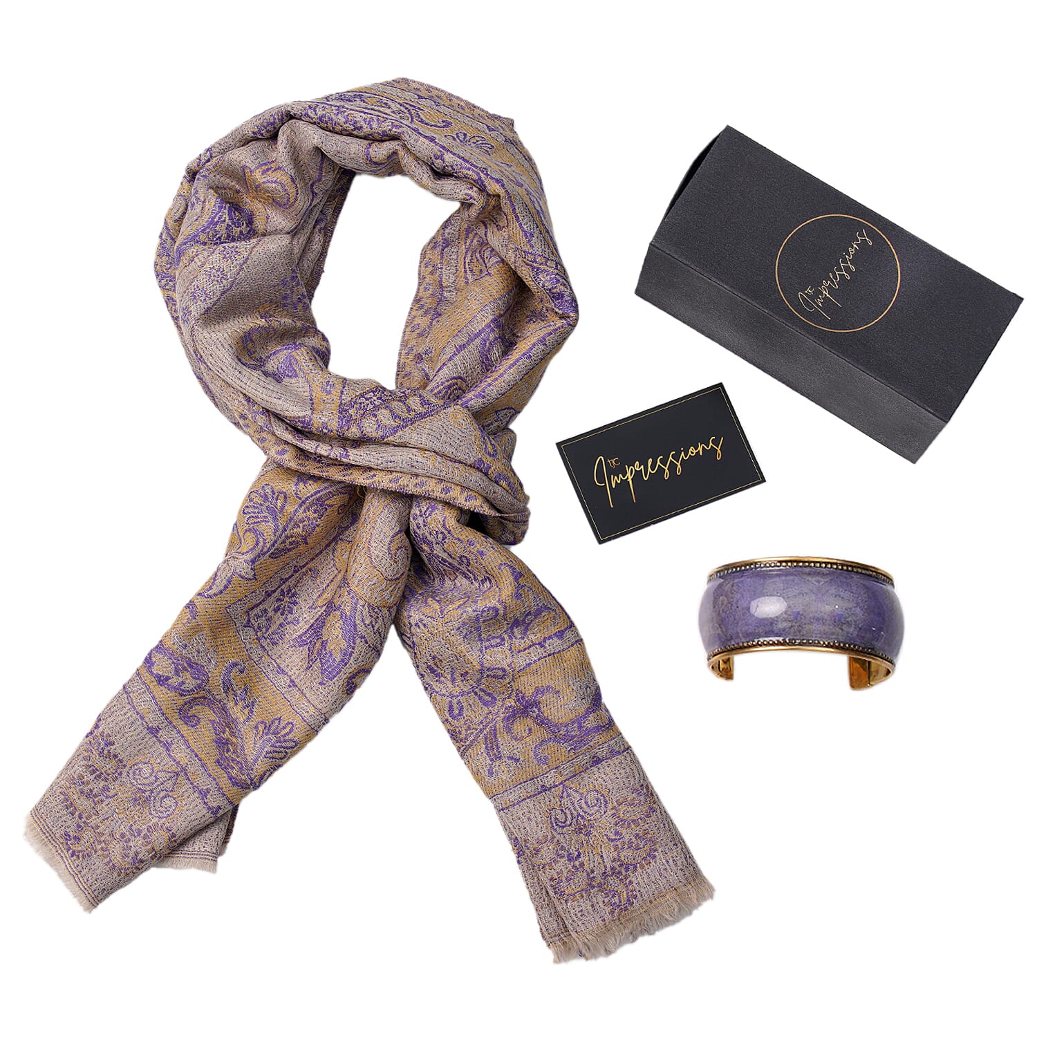 Doorbuster Premium Collection - Natural Mulberry Silk and Merino Wool Hand Woven Jamawar Shawl with Matching Cuff Bangle (Size 200x70 Cm) - Purple