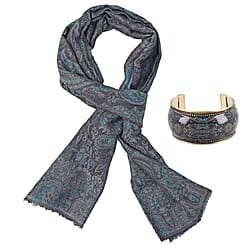 Premium Collection - Natural Mulberry Silk and Merino Wool Hand Woven Jamawar Shawl with Matching Cuff Bangle - Blue and Purple&nbsp;