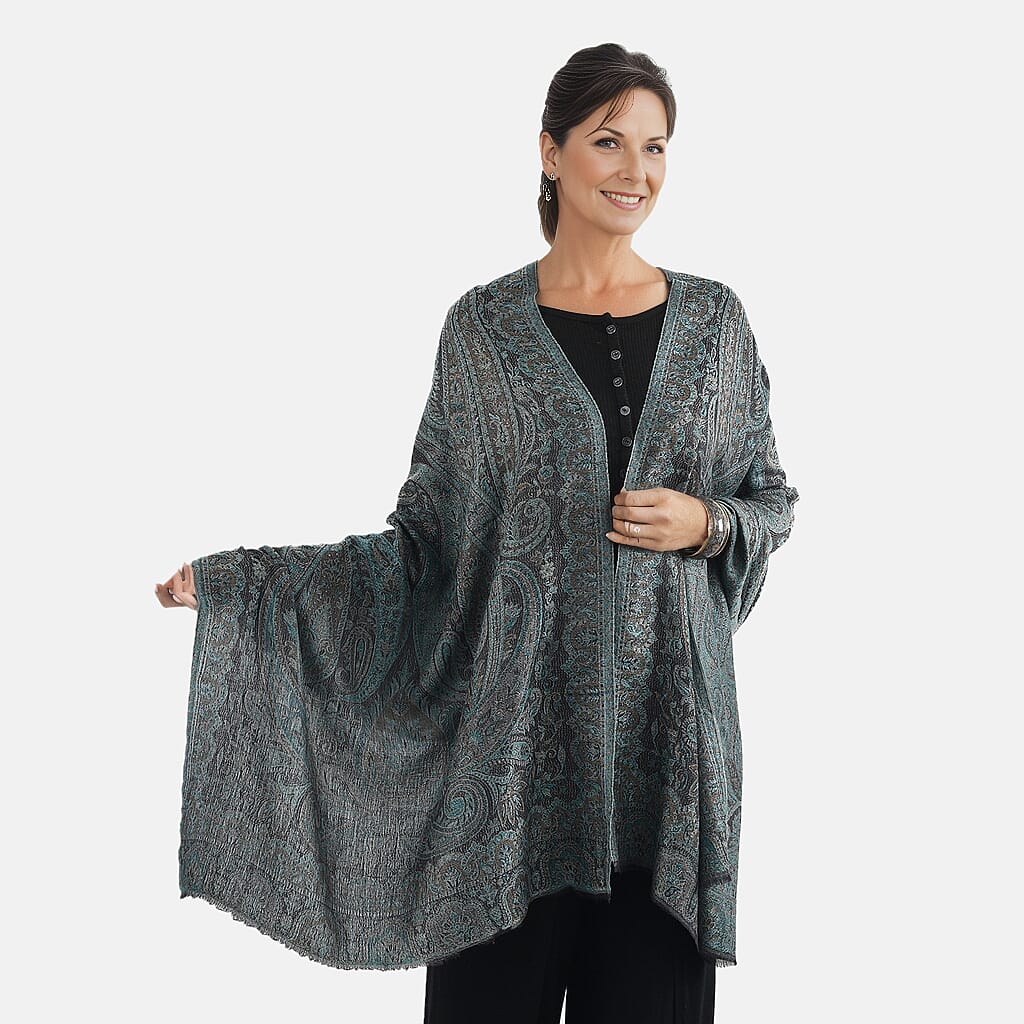 Doorbuster Premium Collection - Natural Mulberry Silk and Merino Wool Hand Woven Jamawar Shawl with Matching Cuff Bangle (Size 200x70 cm) - Dark Blue