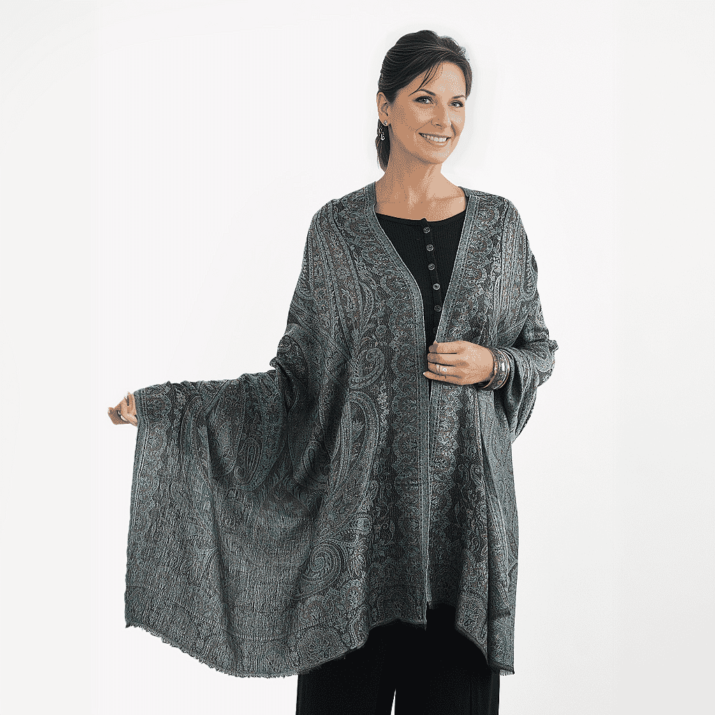 Doorbuster Premium Collection - Natural Mulberry Silk and Merino Wool Hand Woven Jamawar Shawl with Matching Cuff Bangle (Size 200x70 cm) - Dark Blue