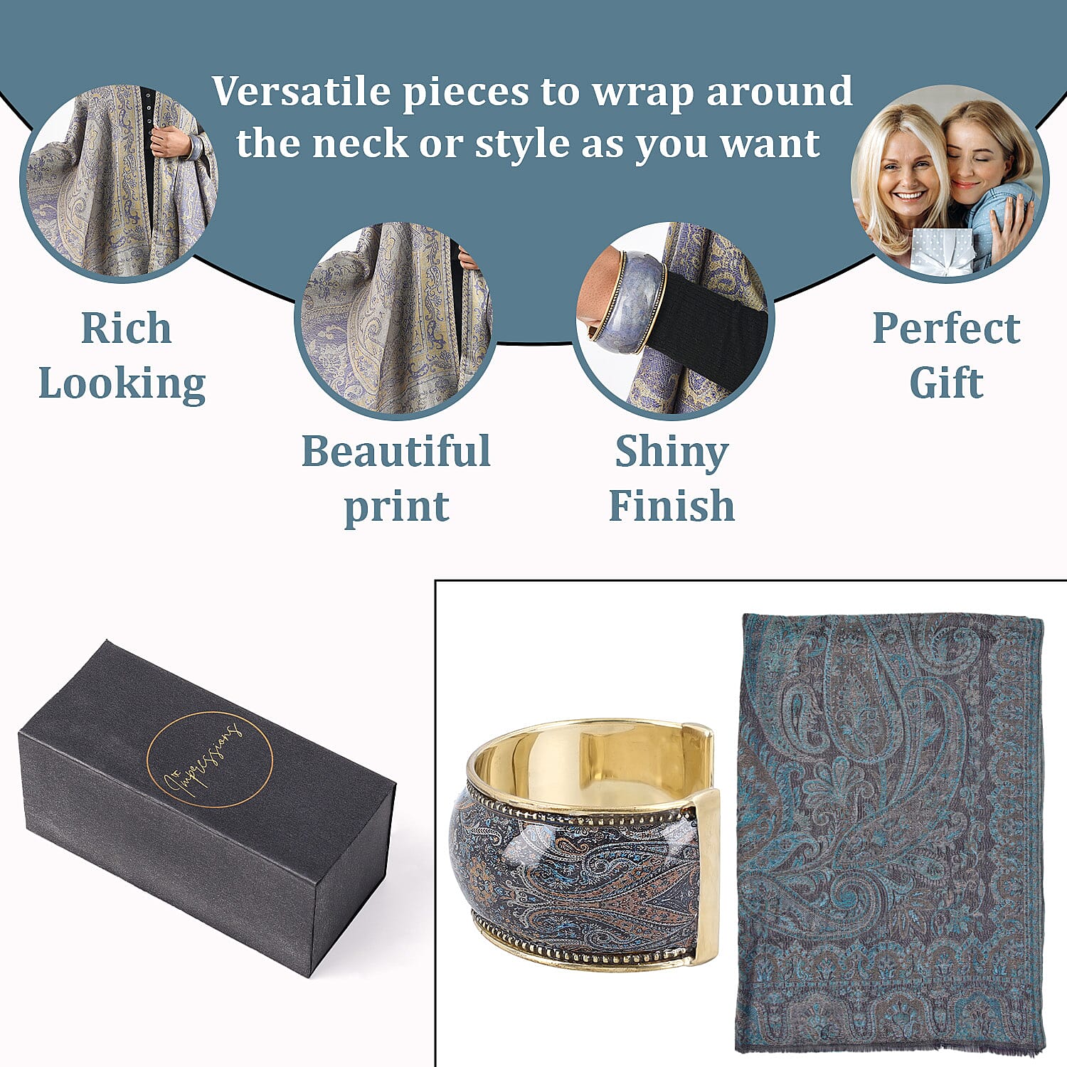 Doorbuster Premium Collection - Natural Mulberry Silk and Merino Wool Hand Woven Jamawar Shawl with Matching Cuff Bangle (Size 200x70 cm) - Dark Blue