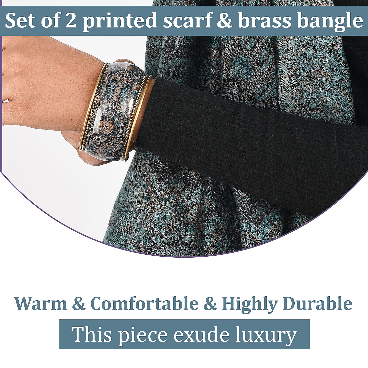 Doorbuster Premium Collection - Natural Mulberry Silk and Merino Wool Hand Woven Jamawar Shawl with Matching Cuff Bangle (Size 200x70 cm) - Dark Blue