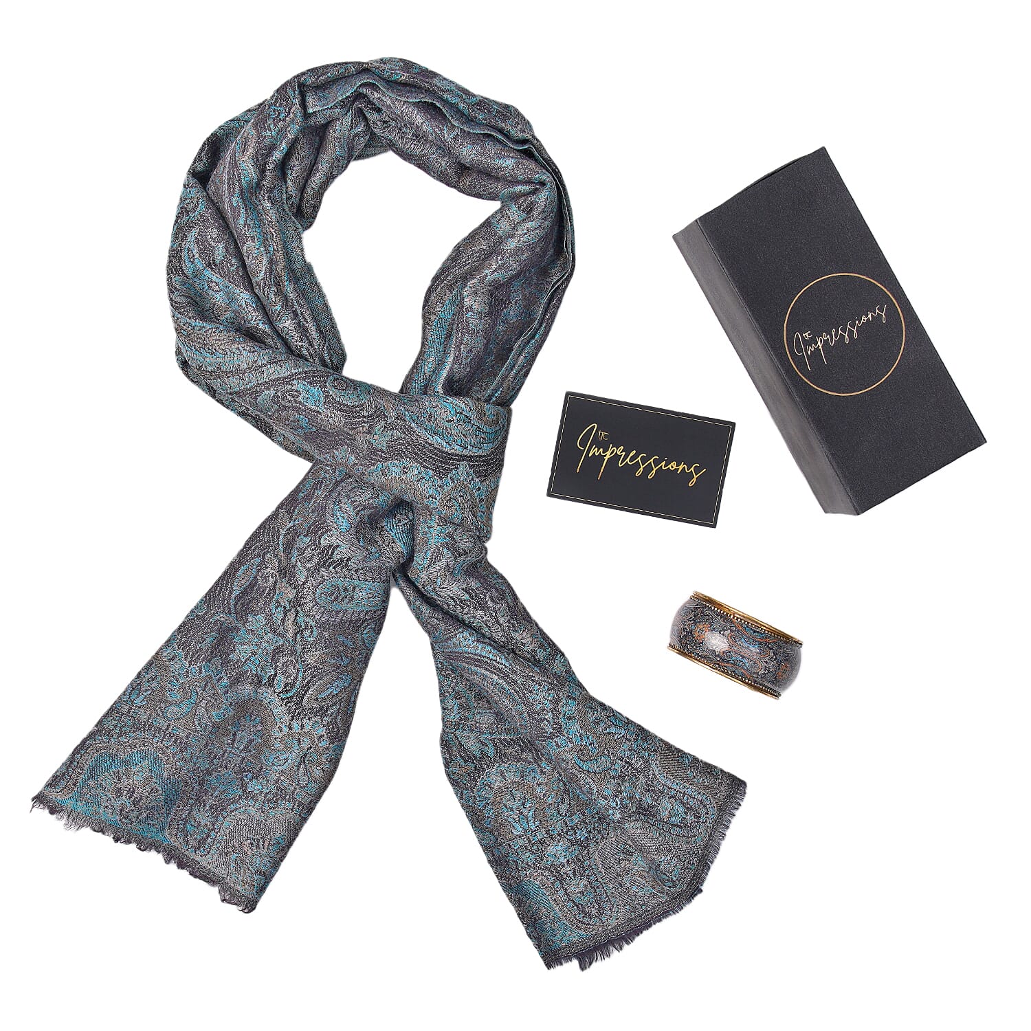 Doorbuster Premium Collection - Natural Mulberry Silk and Merino Wool Hand Woven Jamawar Shawl with Matching Cuff Bangle (Size 200x70 cm) - Dark Blue