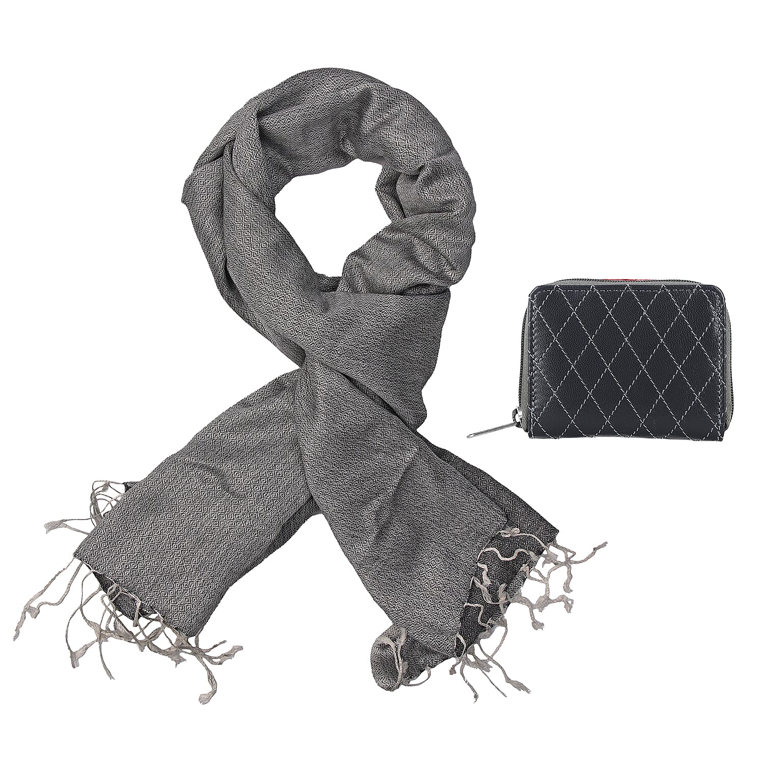 RFID Protected Leather Wallet and Merino Wool Scarf set (Size 195x68 Cm) - Grey