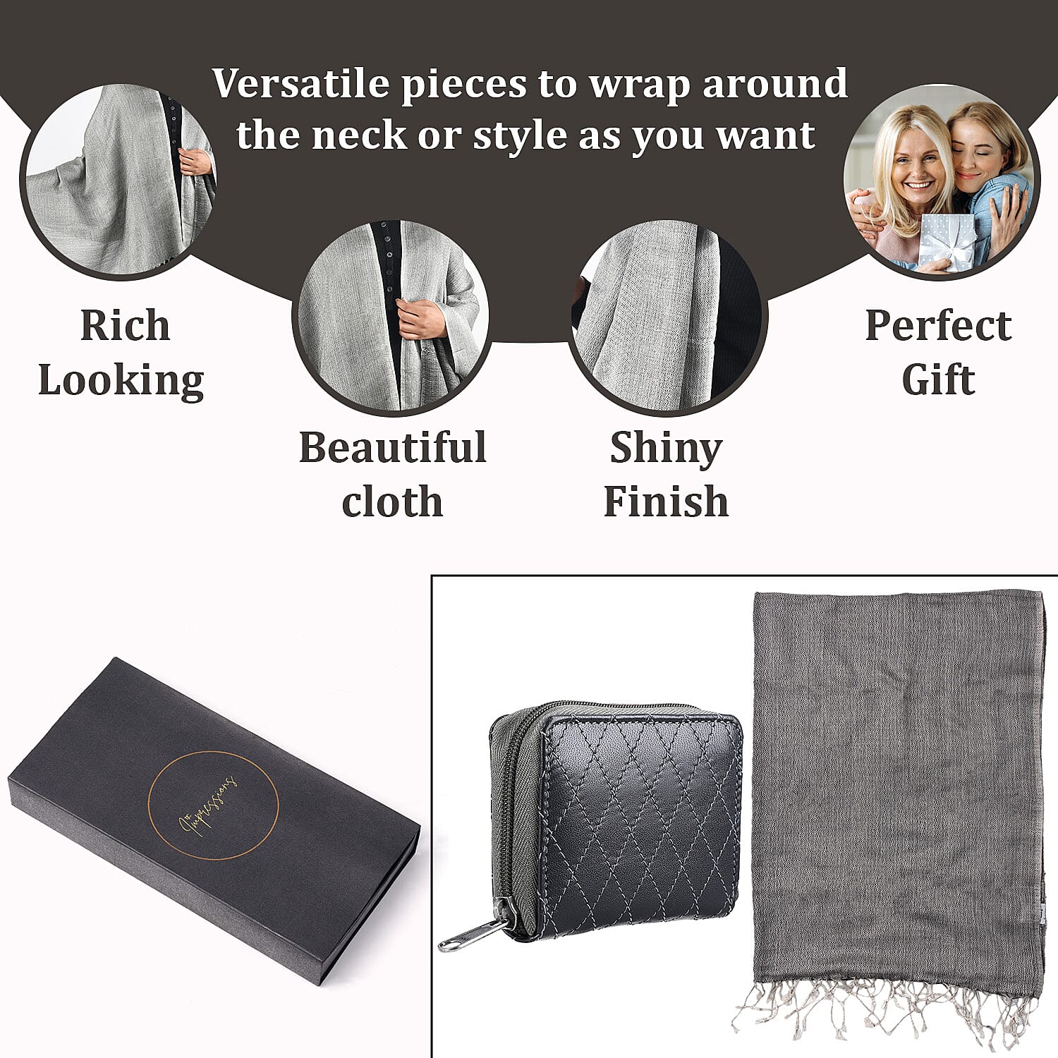 RFID Protected Leather Wallet and Merino Wool Scarf set (Size 195x68 Cm) - Grey