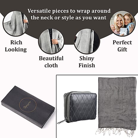 RFID Protected Leather Wallet and Merino Wool Scarf set (Size 195x68 Cm) - Grey