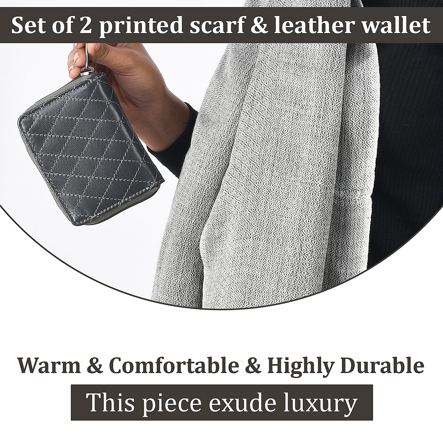 RFID Protected Leather Wallet and Merino Wool Scarf set (Size 195x68 Cm) - Grey