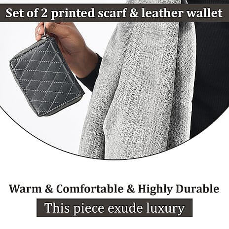 RFID Protected Leather Wallet and Merino Wool Scarf set (Size 195x68 Cm) - Grey