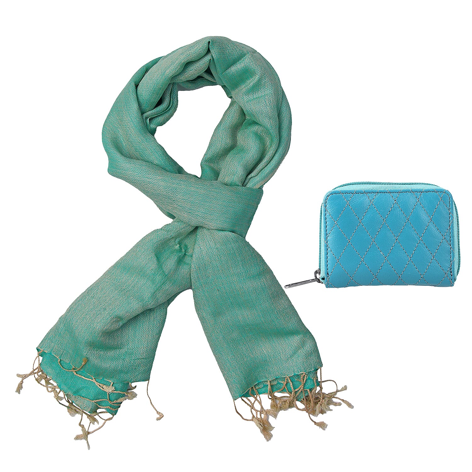 2 piece Set - Gift Box with RFID Protected Leather Wallet and Merino Wool Scarf set (Size 195x68 Cm) - Light Green & Teal