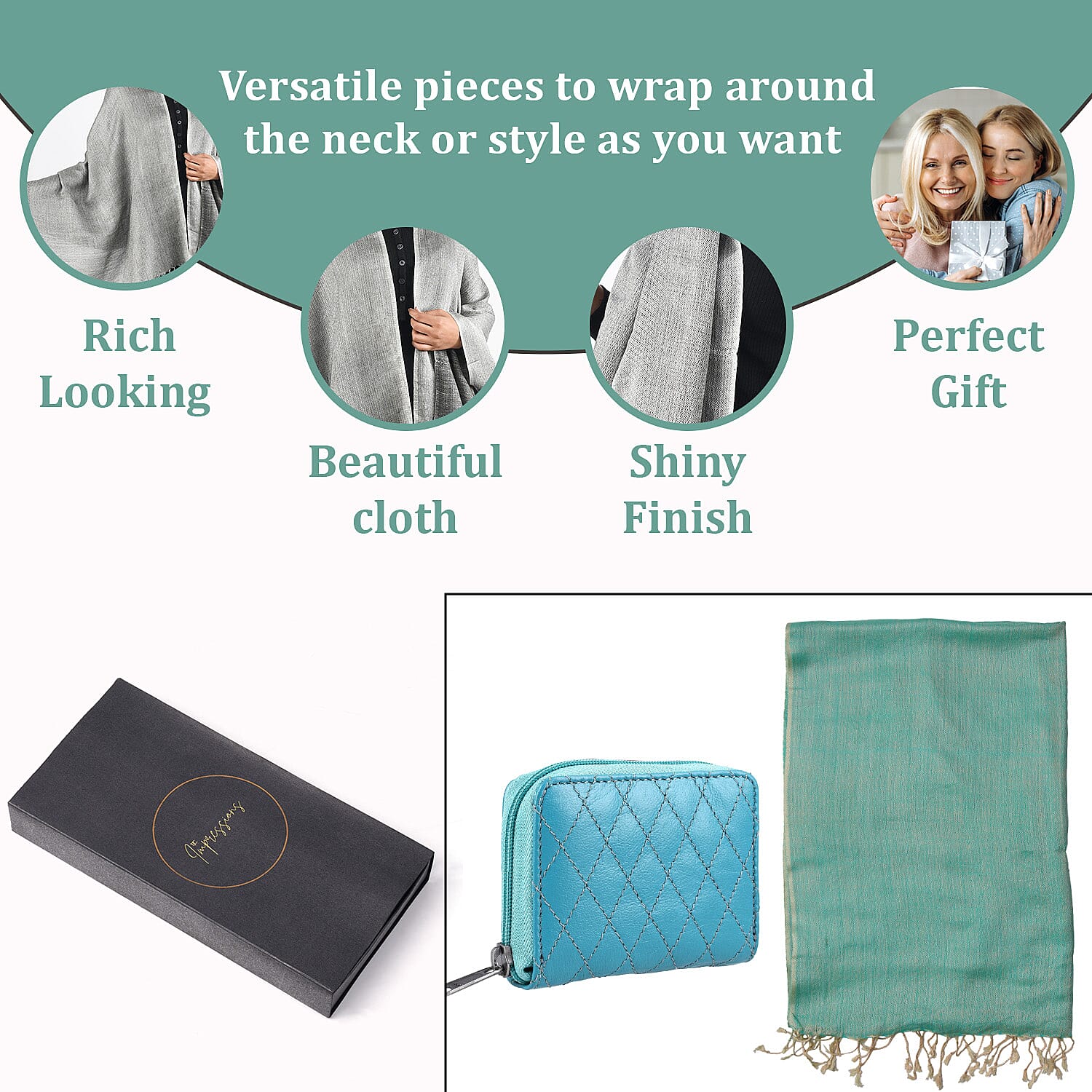 2 piece Set - Gift Box with RFID Protected Leather Wallet and Merino Wool Scarf set (Size 195x68 Cm) - Light Green & Teal