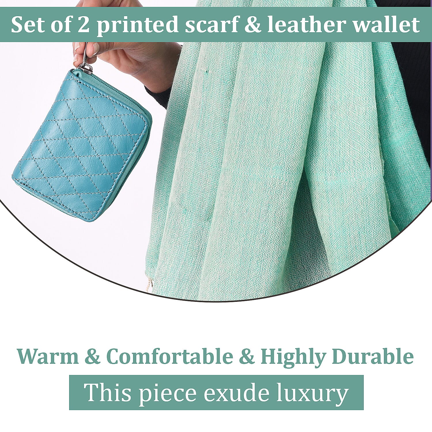 2 piece Set - Gift Box with RFID Protected Leather Wallet and Merino Wool Scarf set (Size 195x68 Cm) - Light Green & Teal