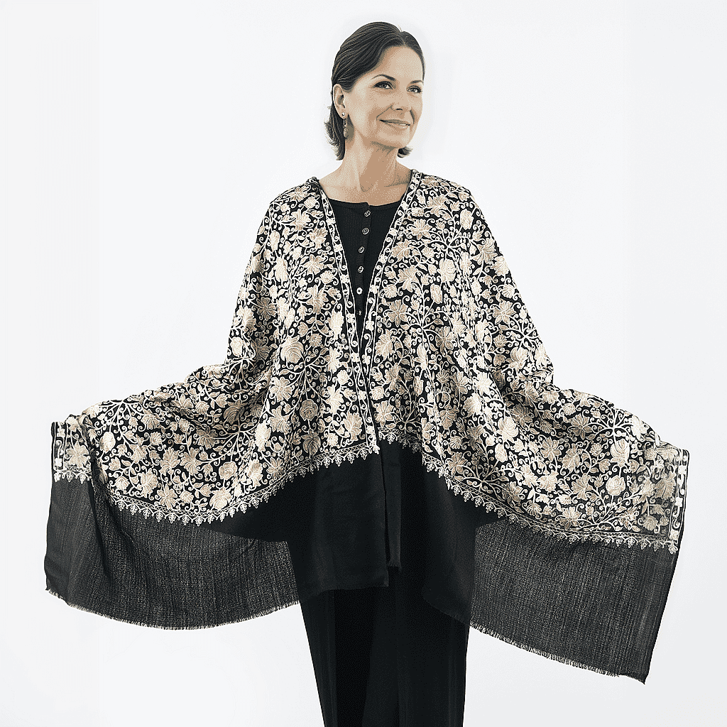 2 Piece Set - Embroidered Stole with Sandalwood Fragrance Oil - Black