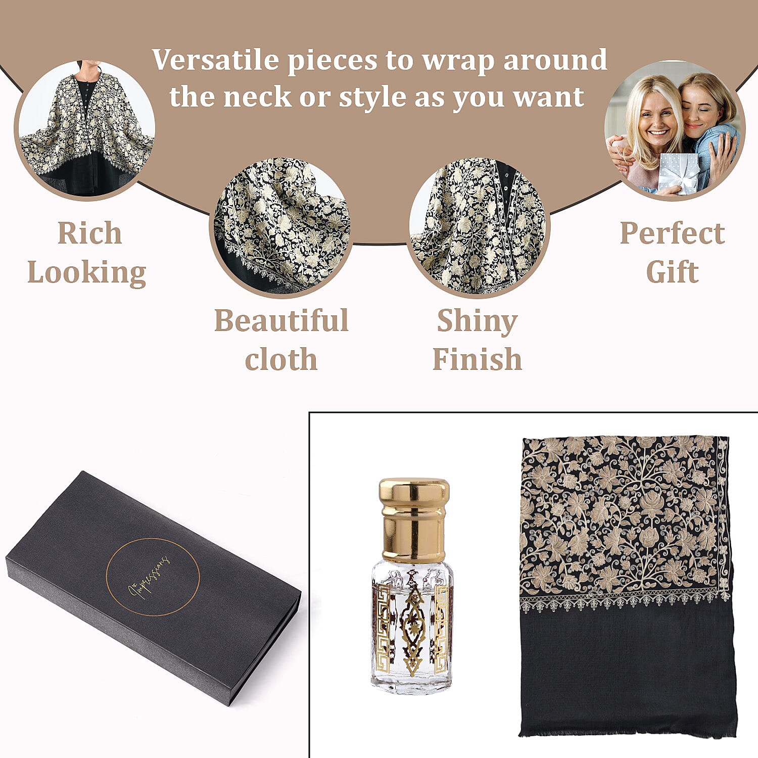 2 Piece Set - Embroidered Stole with Sandalwood Fragrance Oil - Black