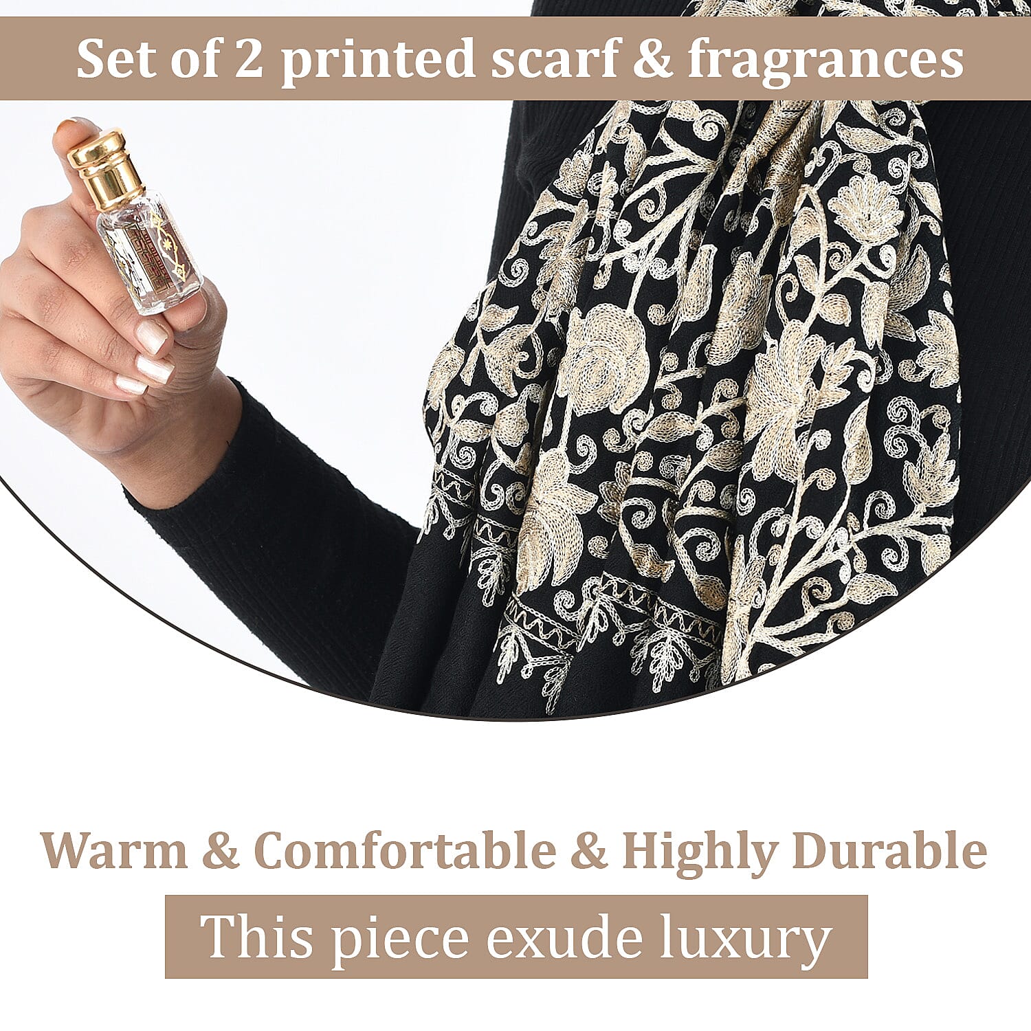 2 Piece Set - Embroidered Stole with Sandalwood Fragrance Oil - Black
