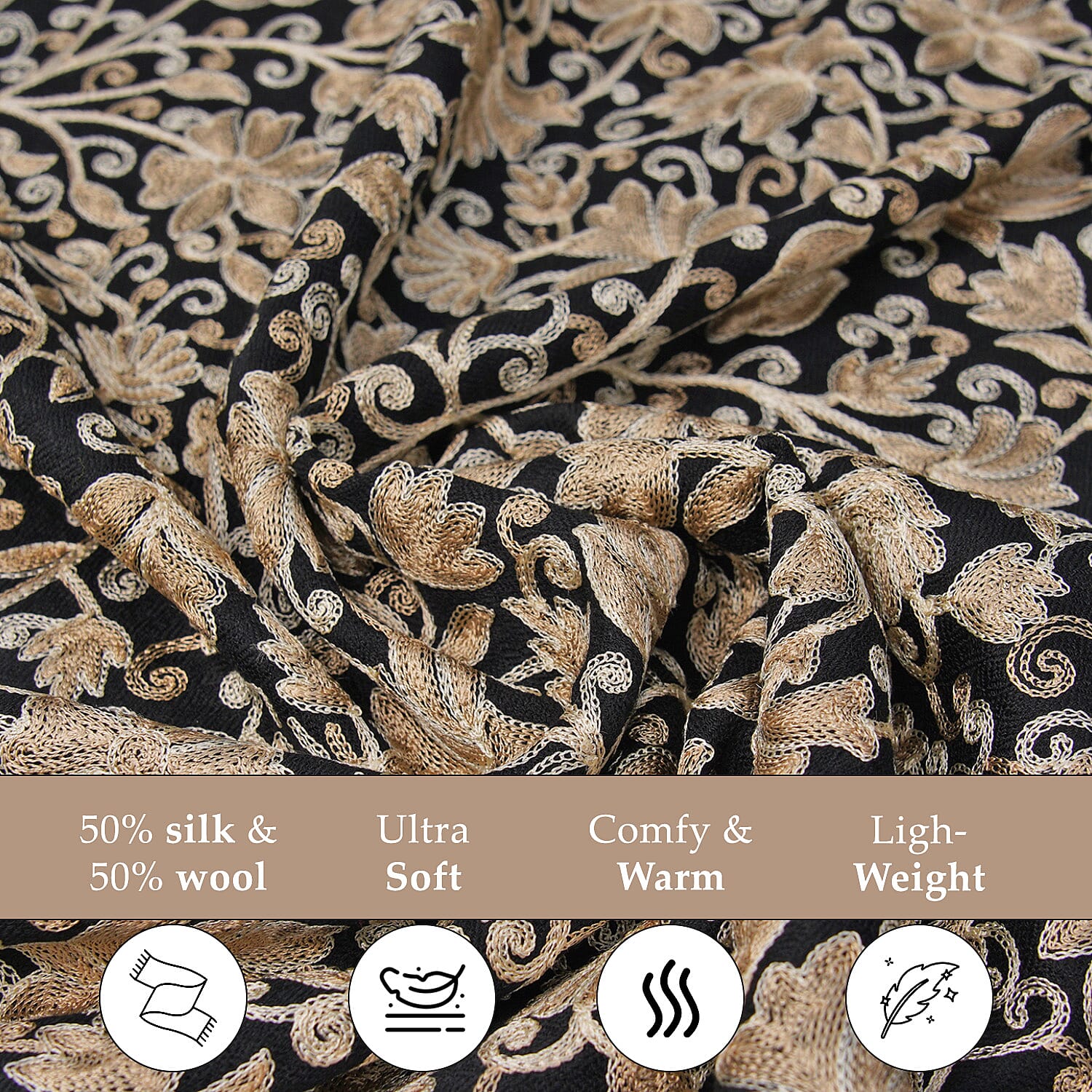 2 Piece Set - Embroidered Stole with Sandalwood Fragrance Oil - Black