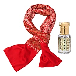 2 Piece Set - Embroidered Stole with Sandalwood Fragrance Oil - Red