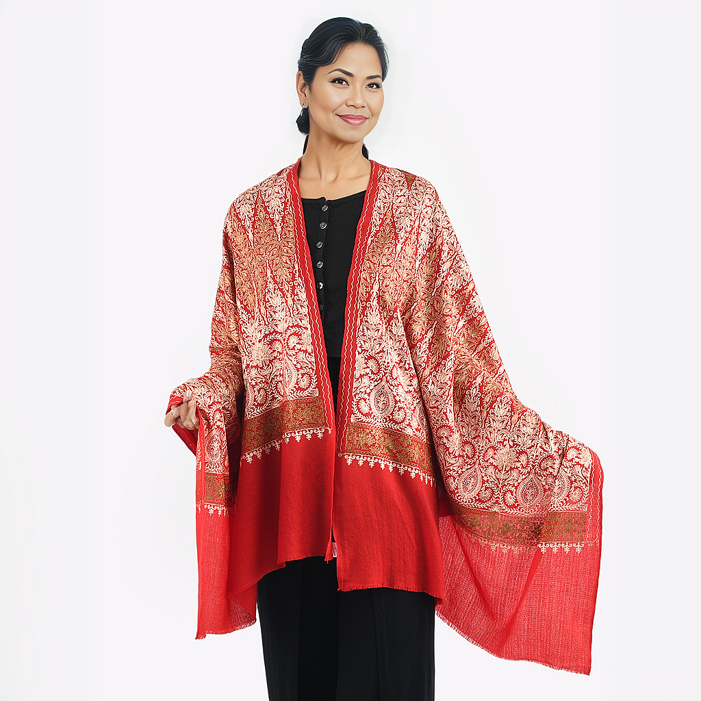 100% Merino Wool Silk Shawl with Hand Embroidered in Kashmir & Free 6ml Concentrated Rose Oil - Red