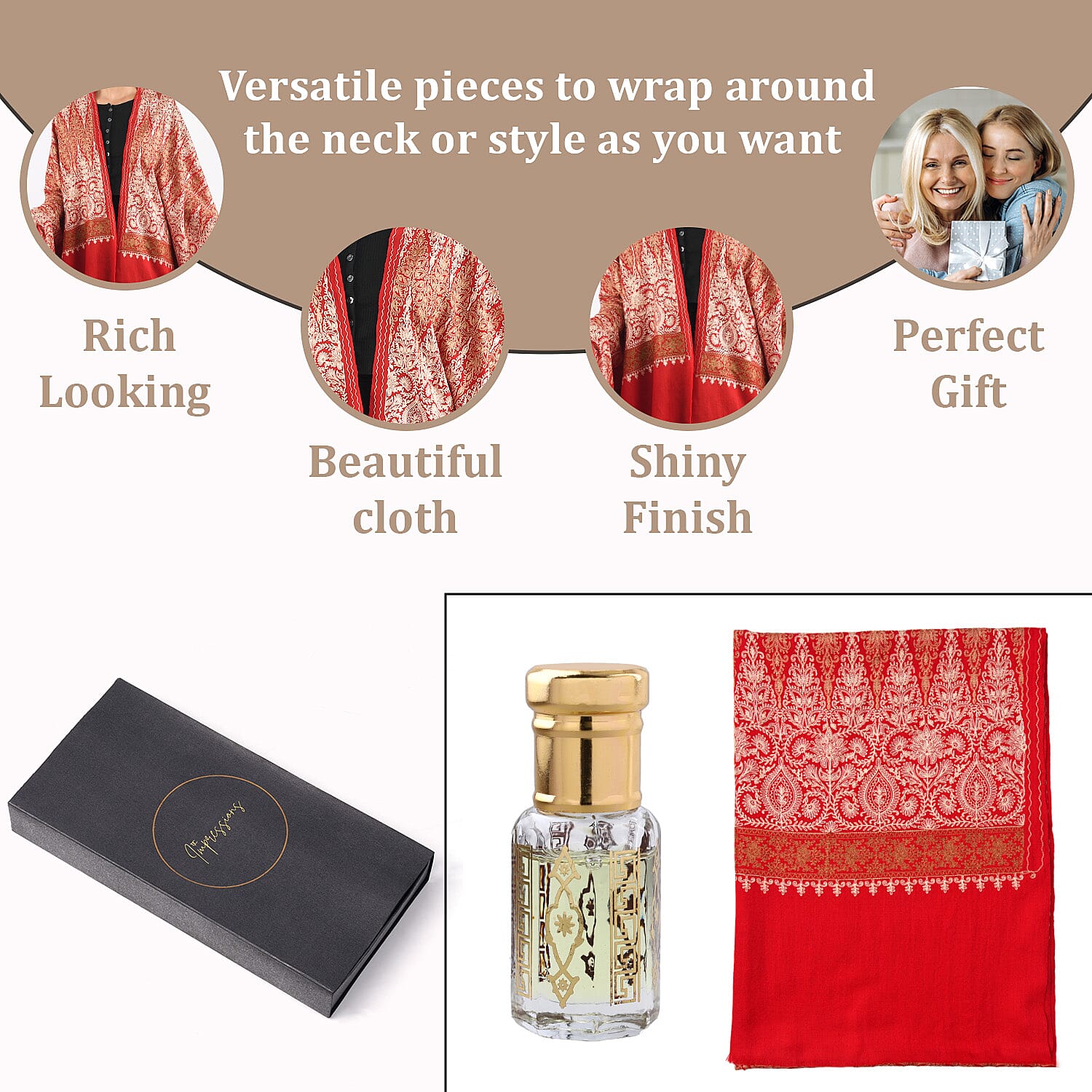 100% Merino Wool Silk Shawl with Hand Embroidered in Kashmir & Free 6ml Concentrated Rose Oil - Red