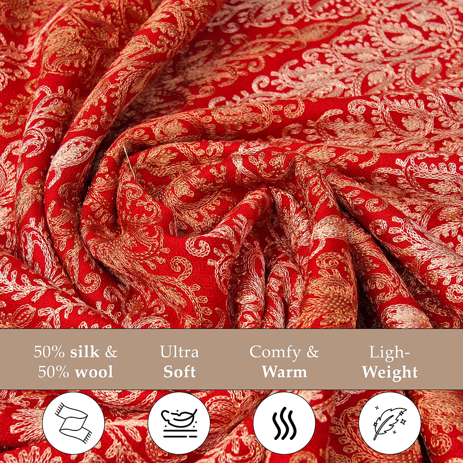 100% Merino Wool Silk Shawl with Hand Embroidered in Kashmir - Free 6ml Concentrated Rose Oil - Red