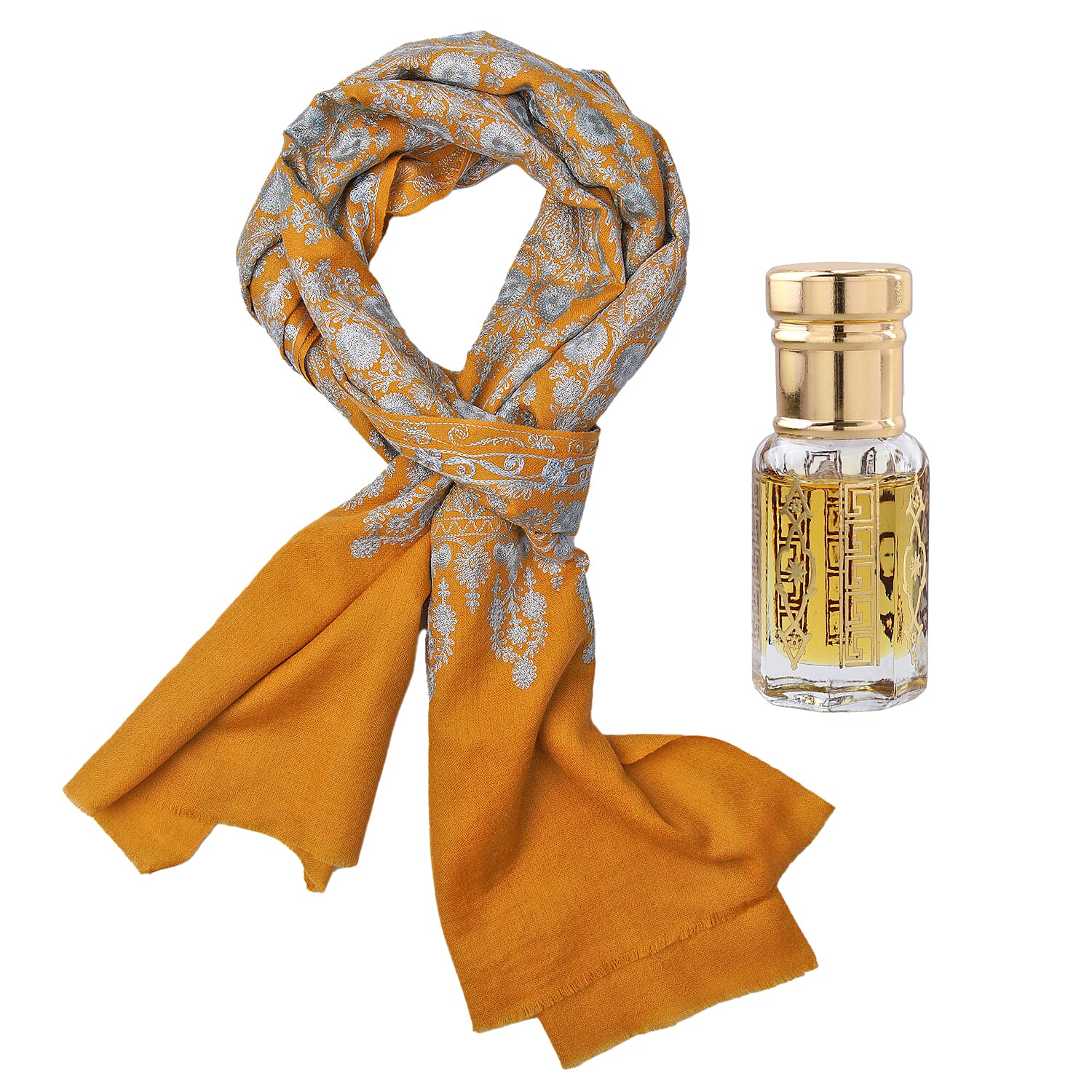 100% Merino Wool Silk Shawl with Hand Embroidered in Kashmir - Free 6ml Concentrated Jasmine Oil - Mustard