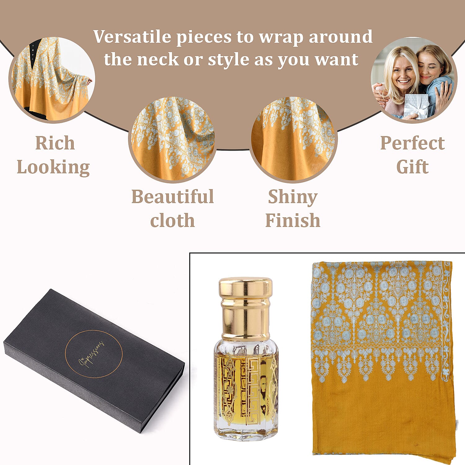 100% Merino Wool Silk Shawl with Hand Embroidered in Kashmir - Free 6ml Concentrated Jasmine Oil - Mustard