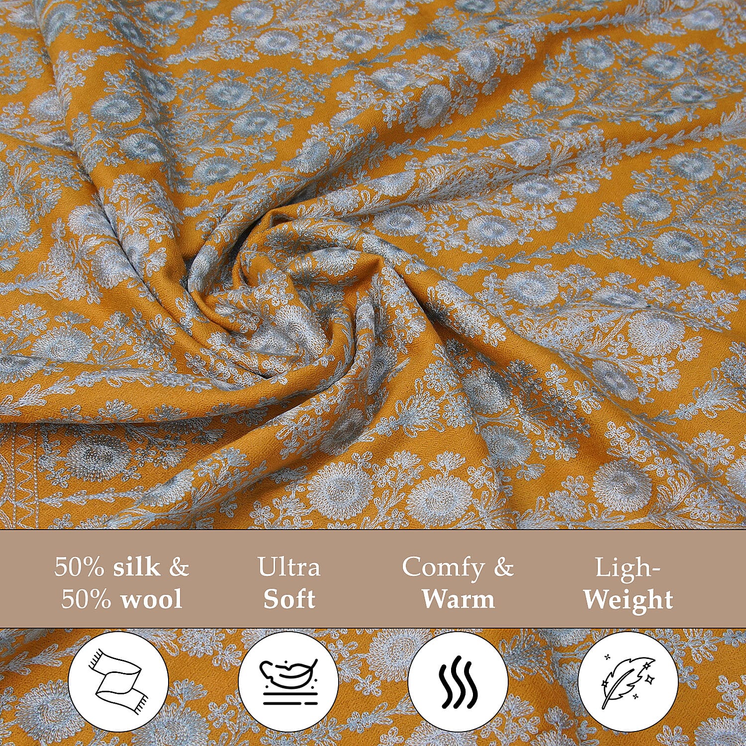 100% Merino Wool Silk Shawl with Hand Embroidered in Kashmir - Free 6ml Concentrated Jasmine Oil - Mustard