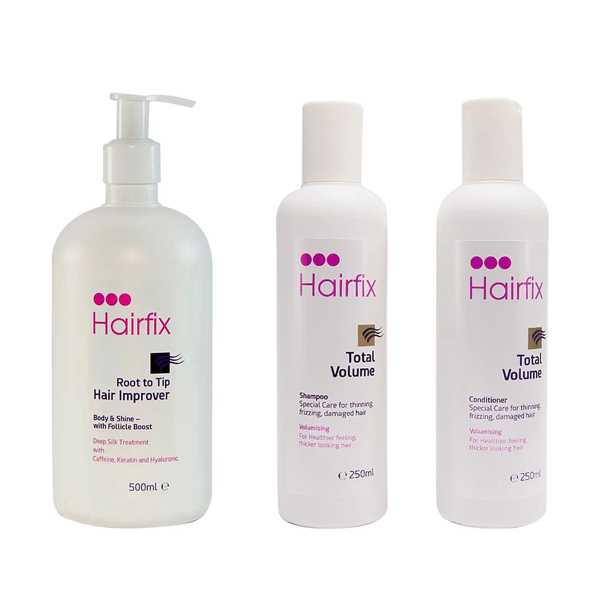 Hairfix Total Volume Shampoo 250ml, Hairfix Total Volume Conditioner Special 250ml, Hairfix Root to Tip Hair Improver 500ml